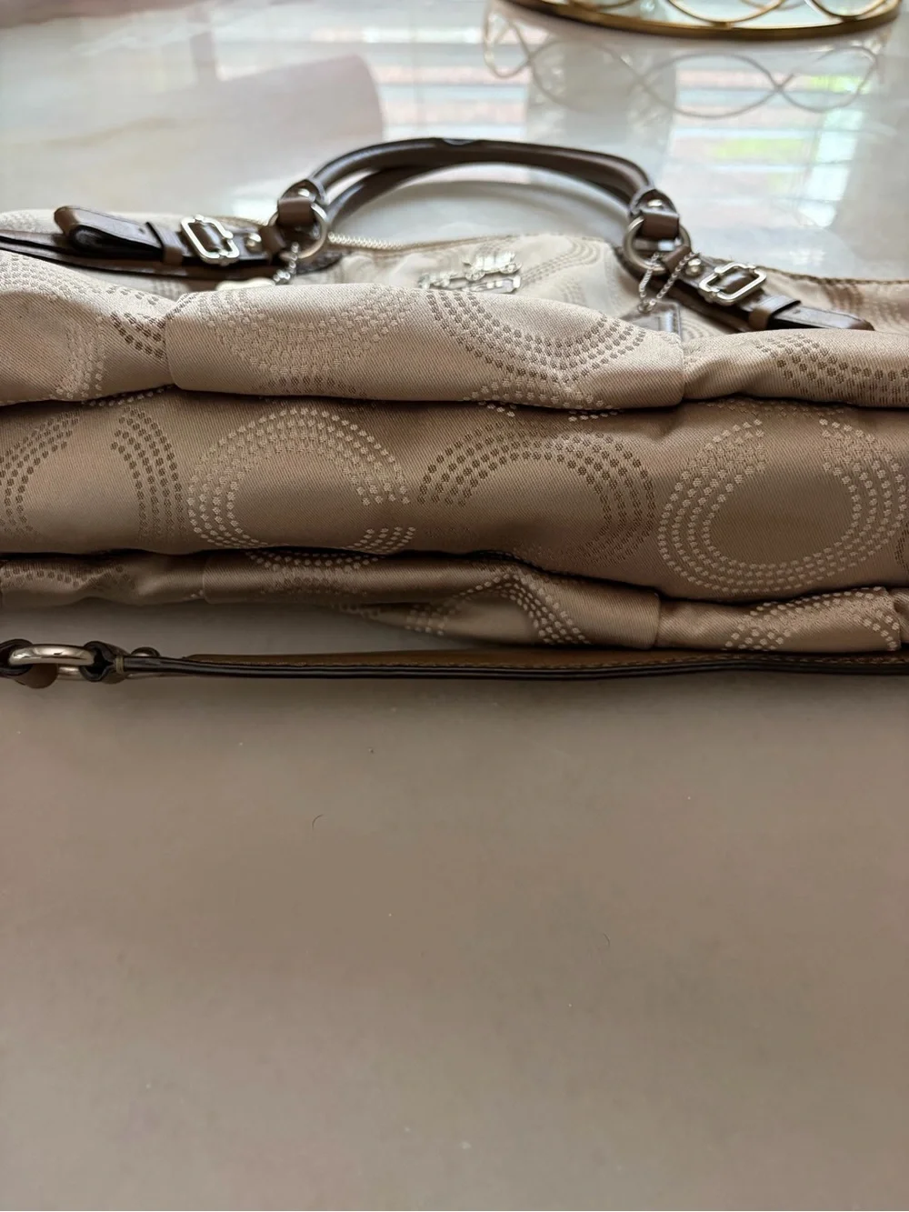 Coach Beige Signature Quilted Satchel with Brown Leather Trim